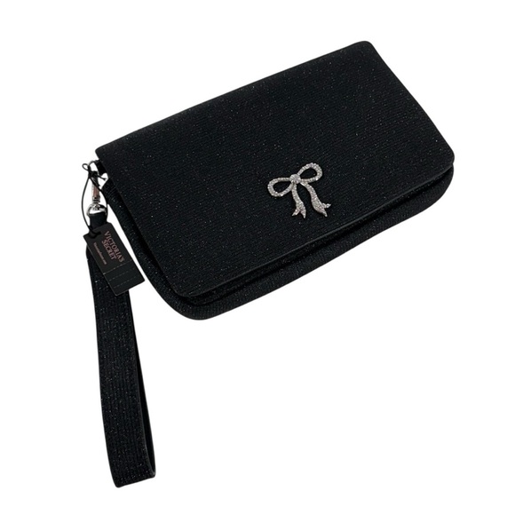 Victoria’s Secret Black Sparkle bow rhinestone accent wristlet/ phone and wallet - Picture 12 of 12